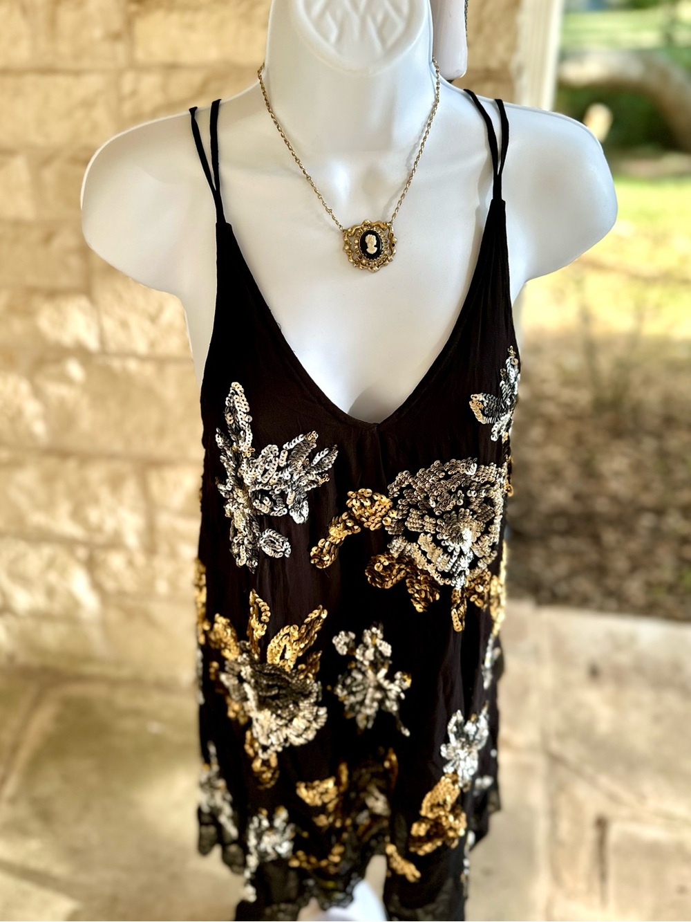 Free People Black Backless Slip Dress with Gold and Silver Floral Sequins - XS - Picture 6 of 13